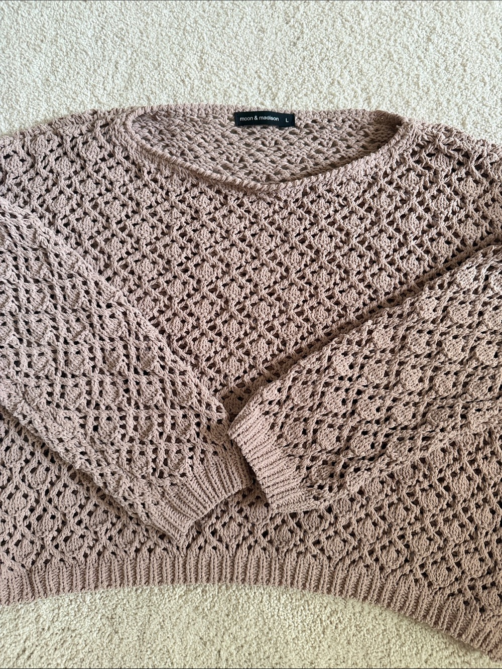 moon & madison Taupe Open-Knit Scoop Neck Sweater